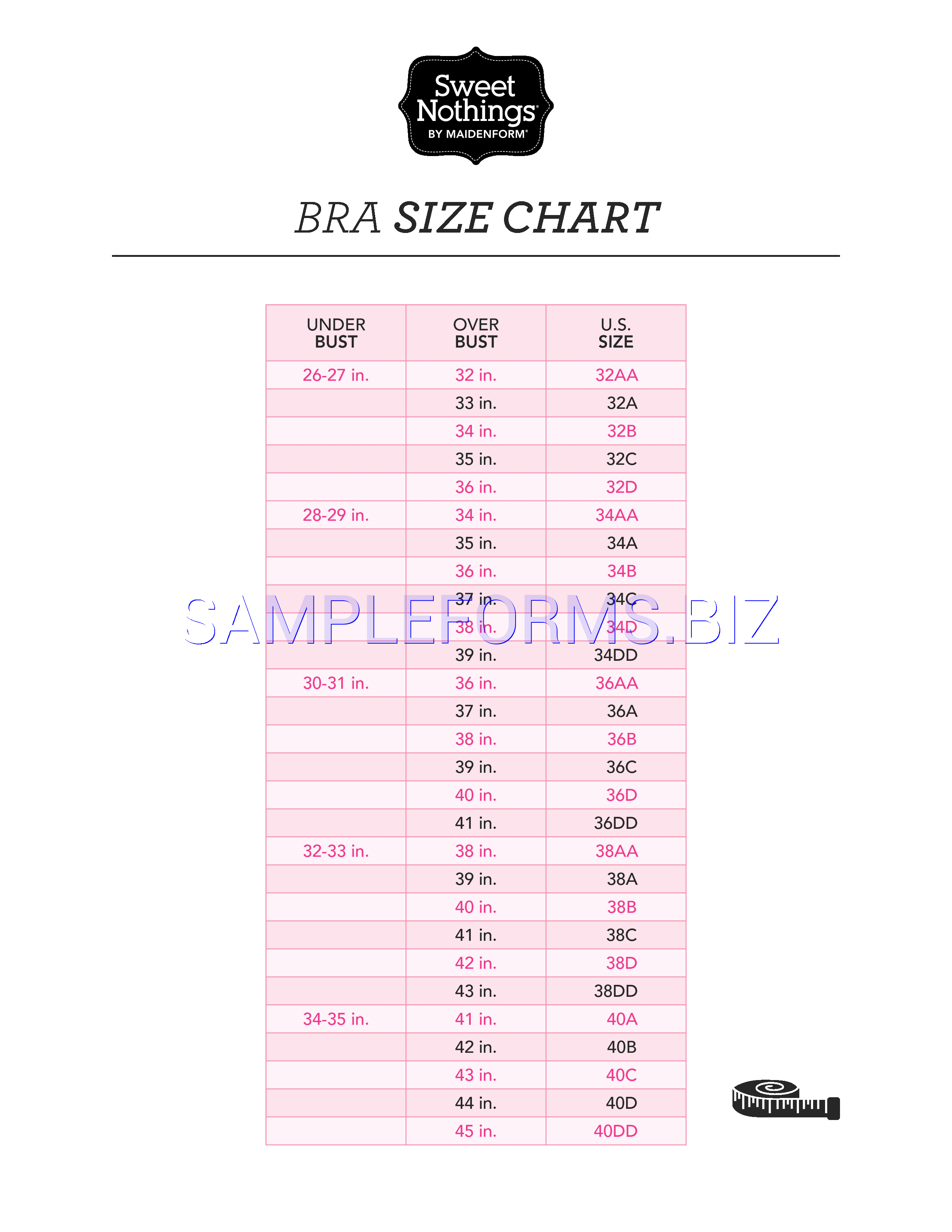 Preview free downloadable Bra Size Chart 2 in PDF (page 1)